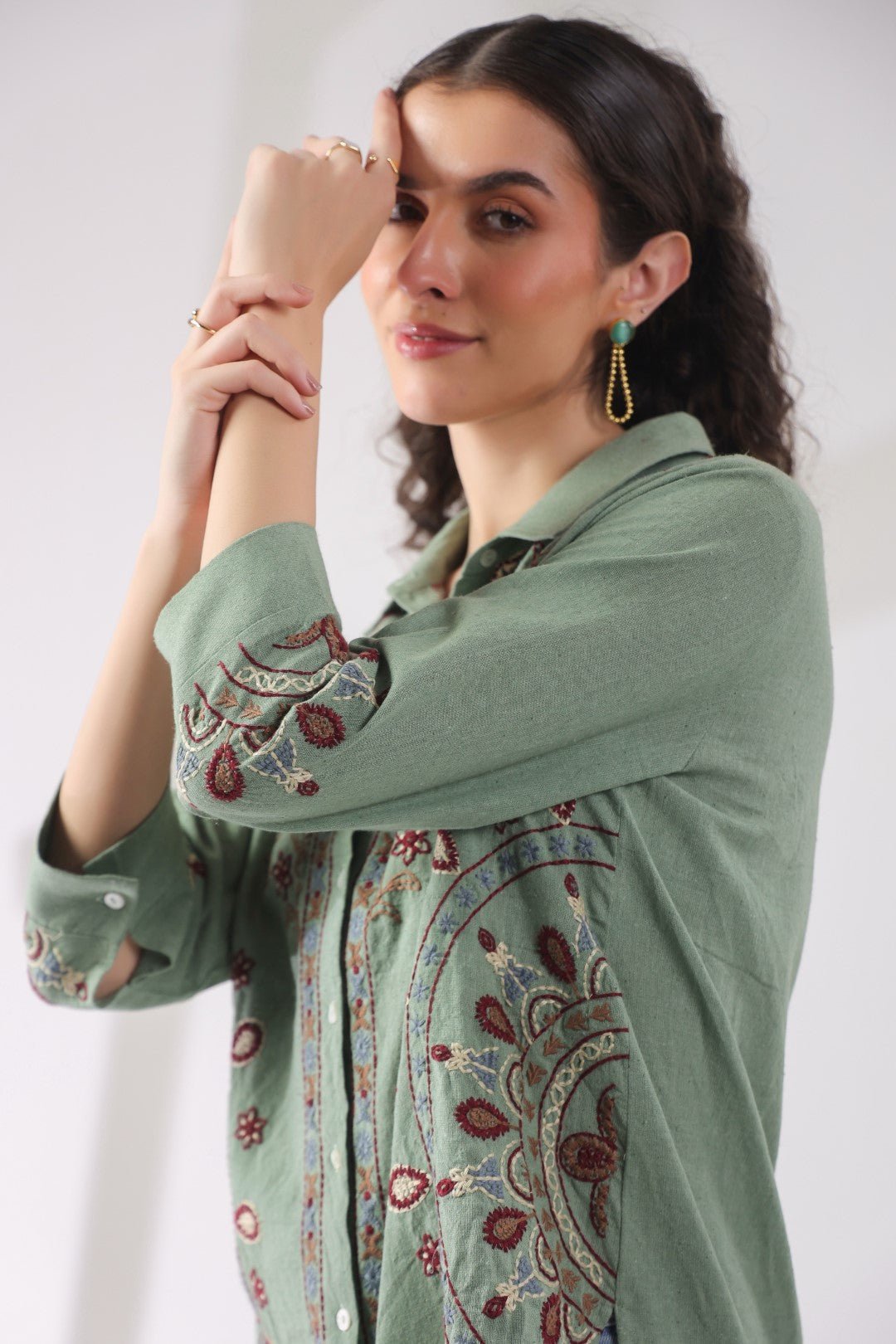 Women’s Cotton Linen Green Color Embroidered Top - Nyaro