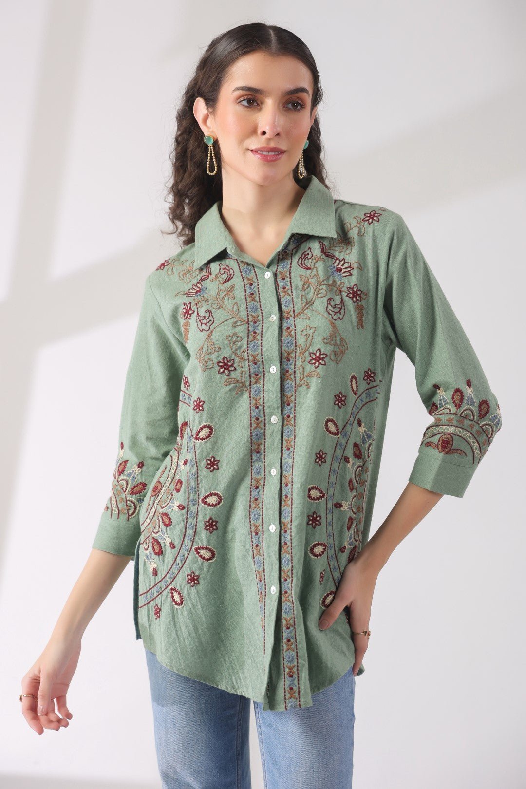 Women’s Cotton Linen Green Color Embroidered Top - Nyaro