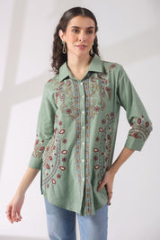 Women’s Cotton Linen Green Color Embroidered Top - Nyaro
