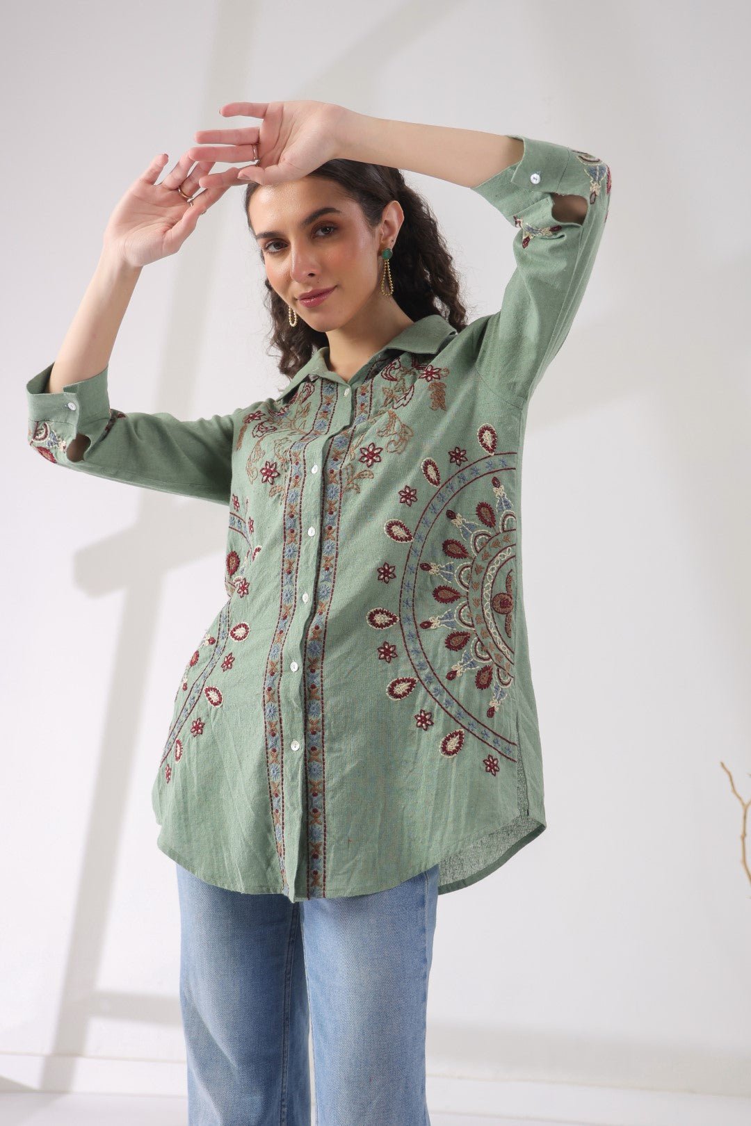 Women’s Cotton Linen Green Color Embroidered Top - Nyaro