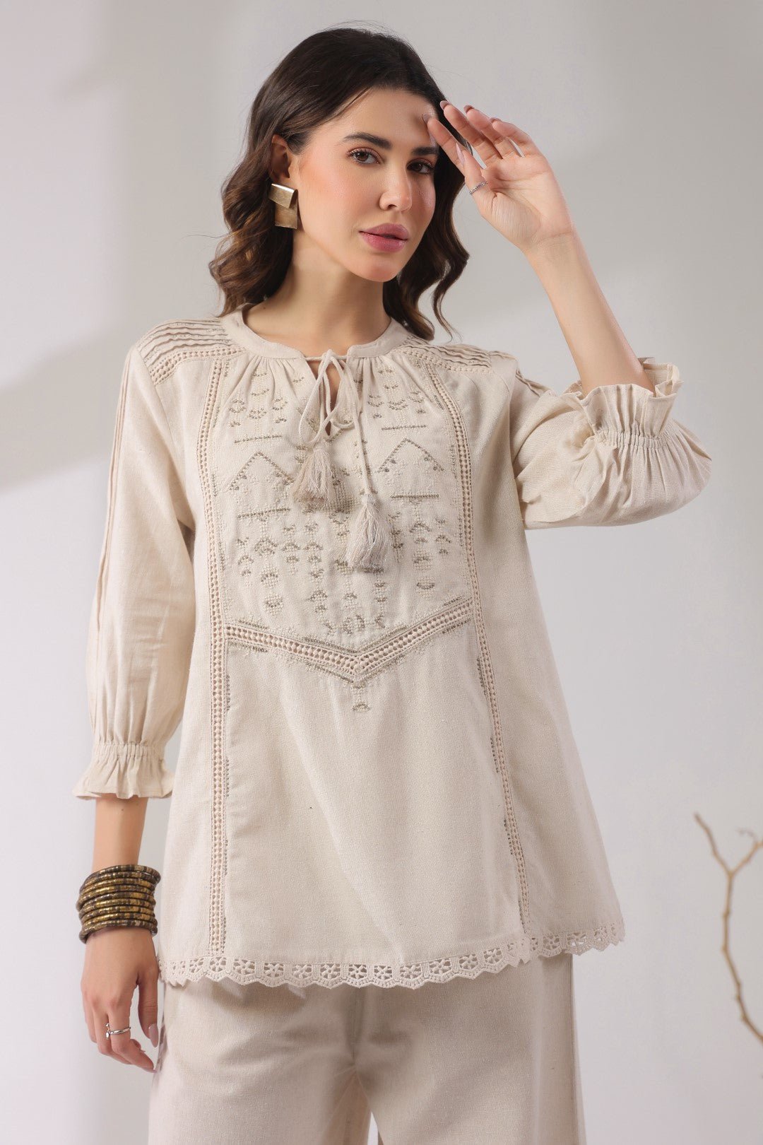 Women’s Cotton Linen Natural Color Embroidered Co - Ord - Nyaro