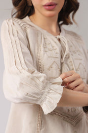 Women’s Cotton Linen Natural Color Embroidered Co - Ord - Nyaro