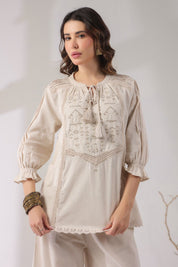 Women’s Cotton Linen Natural Color Embroidered Co - Ord - Nyaro