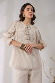 Women’s Cotton Linen Natural Color Embroidered Co - Ord - Nyaro