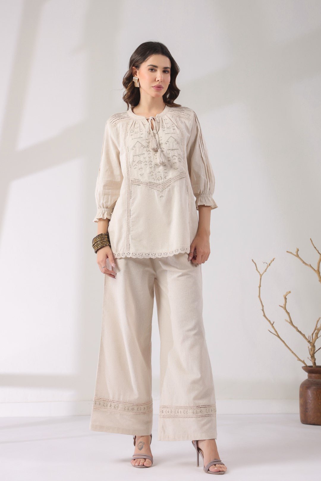 Women’s Cotton Linen Natural Color Embroidered Co - Ord - Nyaro