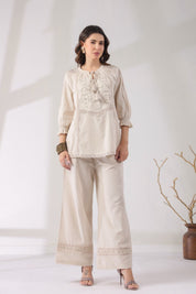 Women’s Cotton Linen Natural Color Embroidered Co - Ord - Nyaro