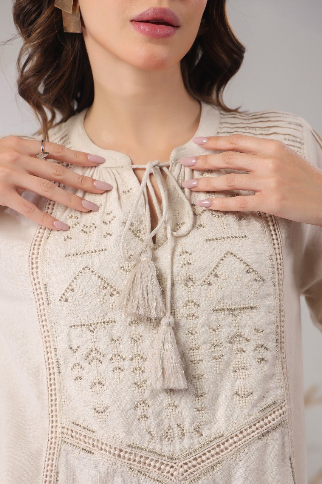 Women’s Cotton Linen Natural Color Embroidered Co - Ord - Nyaro