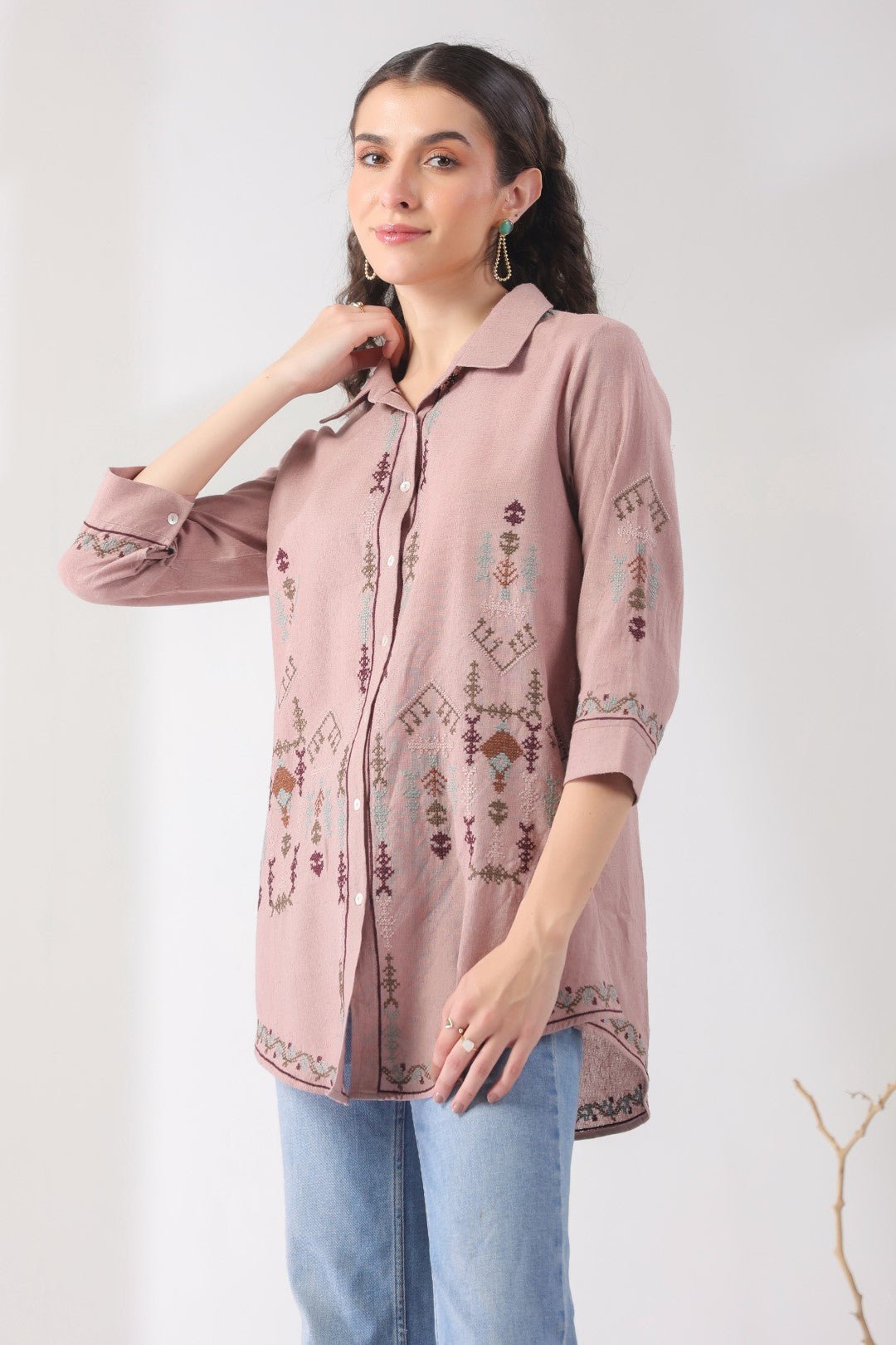 Women’s Cotton Linen Onion Pink Color Embroidered Top - Nyaro