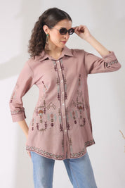Women’s Cotton Linen Onion Pink Color Embroidered Top - Nyaro