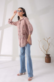 Women’s Cotton Linen Onion Pink Color Embroidered Top - Nyaro