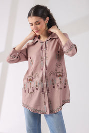 Women’s Cotton Linen Onion Pink Color Embroidered Top - Nyaro