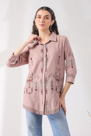 Women’s Cotton Linen Onion Pink Color Embroidered Top - Nyaro