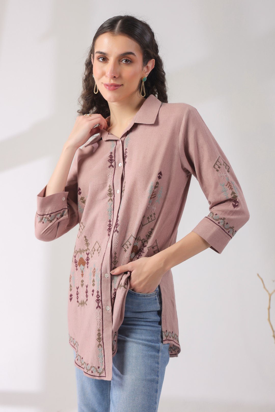 Women’s Cotton Linen Onion Pink Color Embroidered Top - Nyaro