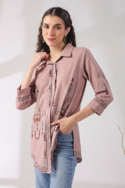 Women’s Cotton Linen Onion Pink Color Embroidered Top - Nyaro