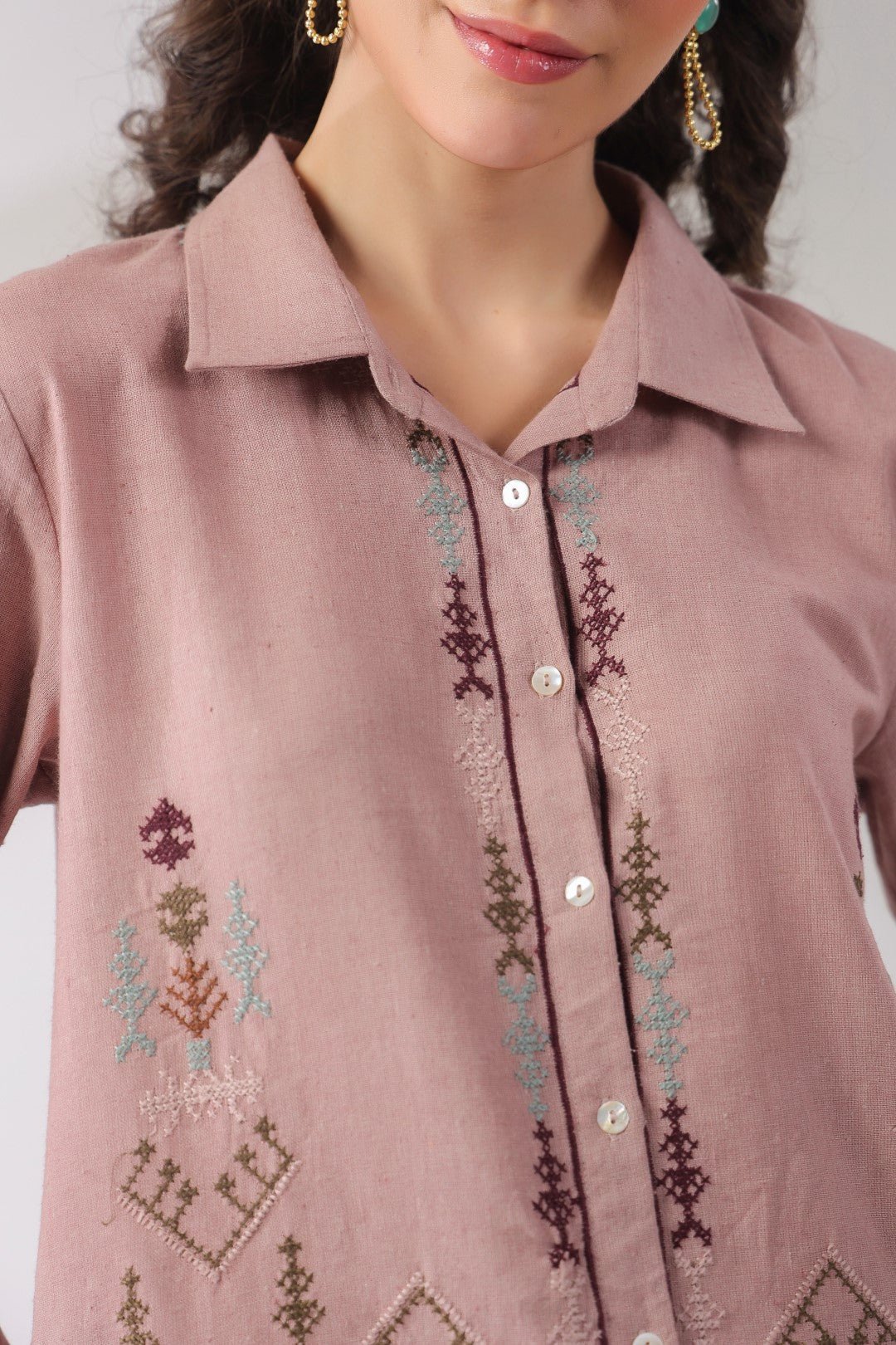 Women’s Cotton Linen Onion Pink Color Embroidered Top - Nyaro