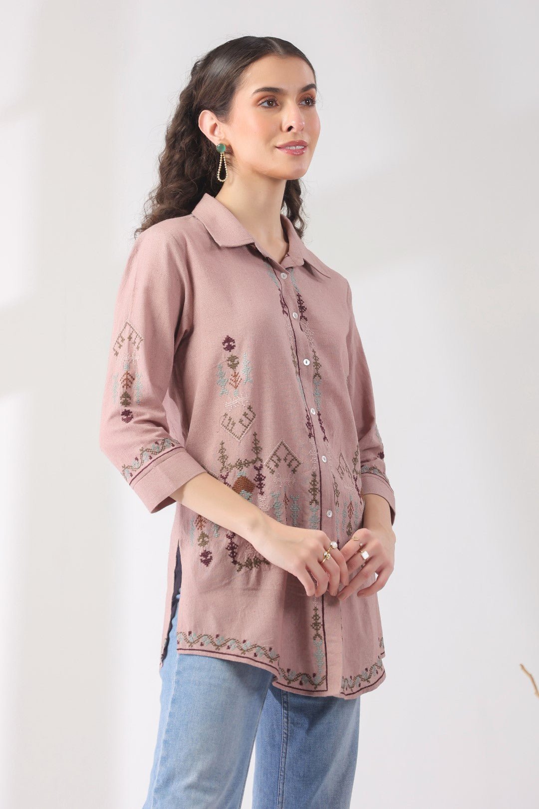 Women’s Cotton Linen Onion Pink Color Embroidered Top - Nyaro