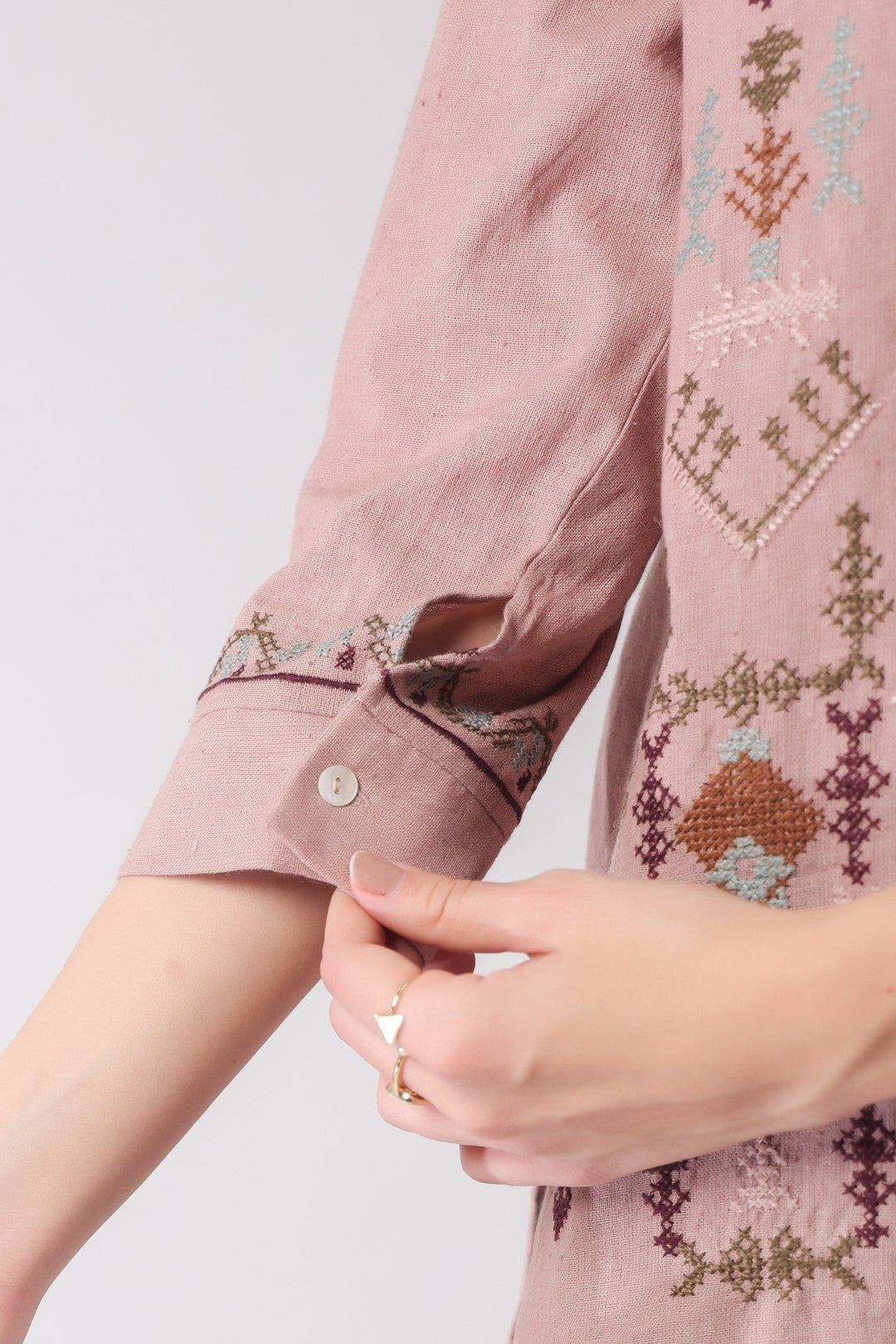 Women’s Cotton Linen Onion Pink Color Embroidered Top - Nyaro
