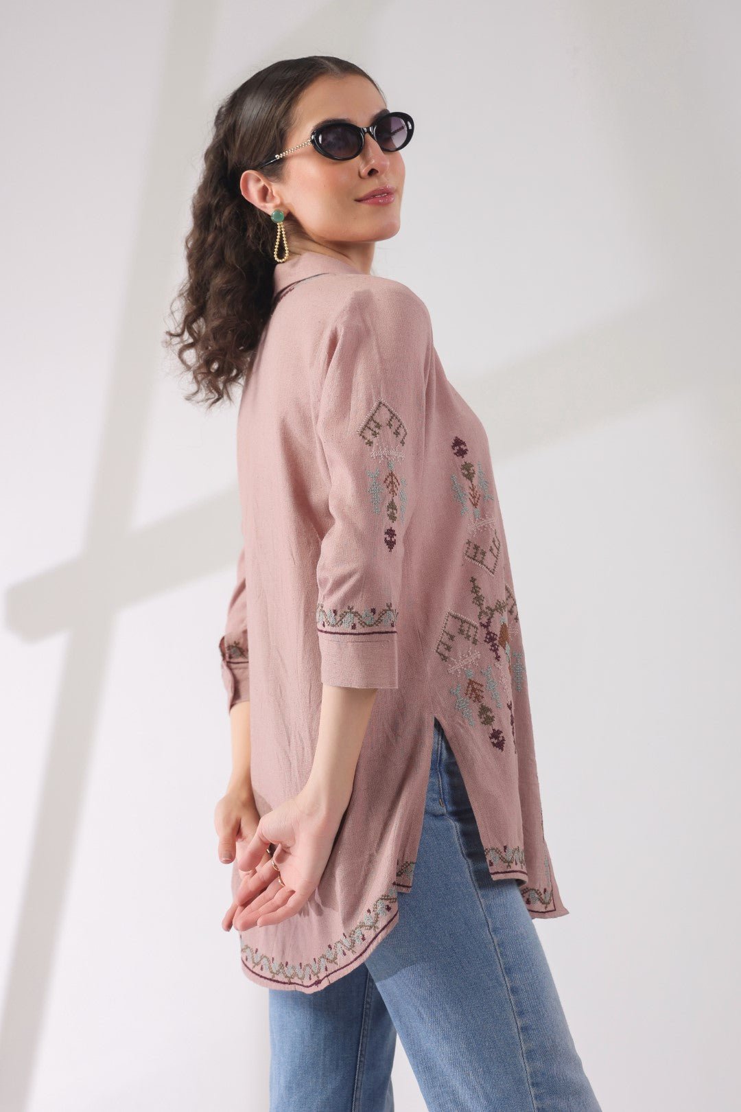 Women’s Cotton Linen Onion Pink Color Embroidered Top - Nyaro