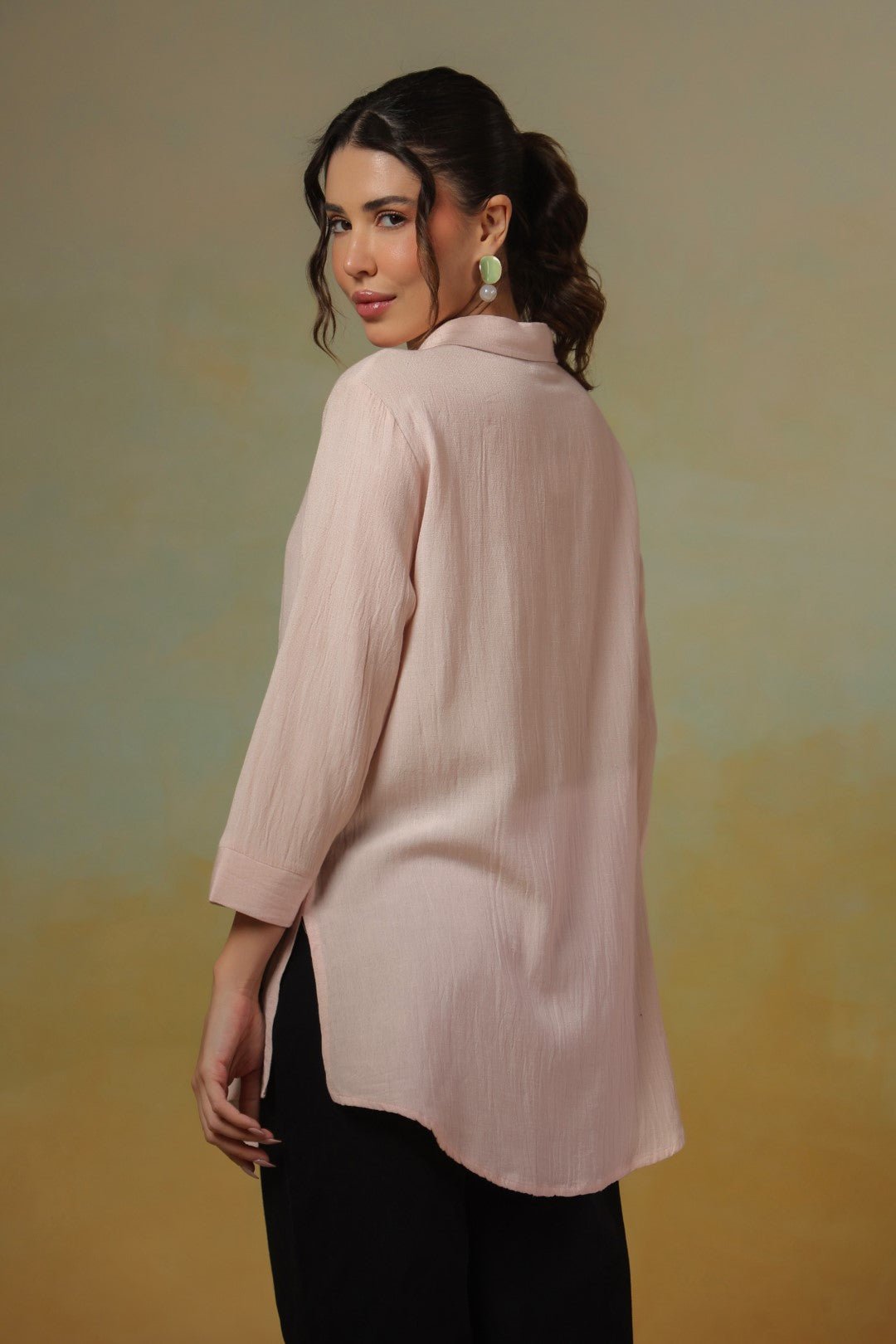 Women’s Cotton Linen Peach Color Embroidered Top - Nyaro