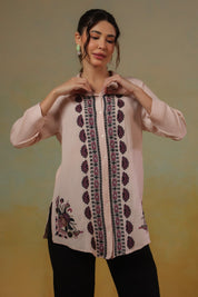 Women’s Cotton Linen Peach Color Embroidered Top - Nyaro