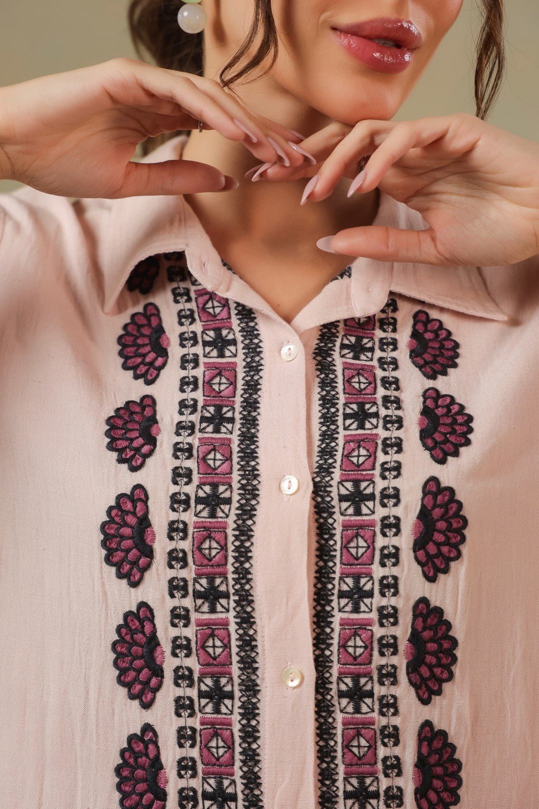 Women’s Cotton Linen Peach Color Embroidered Top - Nyaro