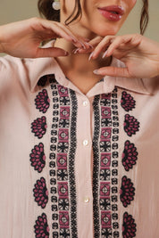 Women’s Cotton Linen Peach Color Embroidered Top - Nyaro