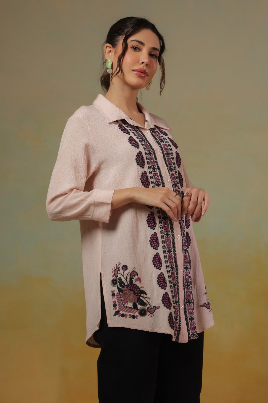 Women’s Cotton Linen Peach Color Embroidered Top - Nyaro