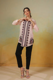Women’s Cotton Linen Peach Color Embroidered Top - Nyaro