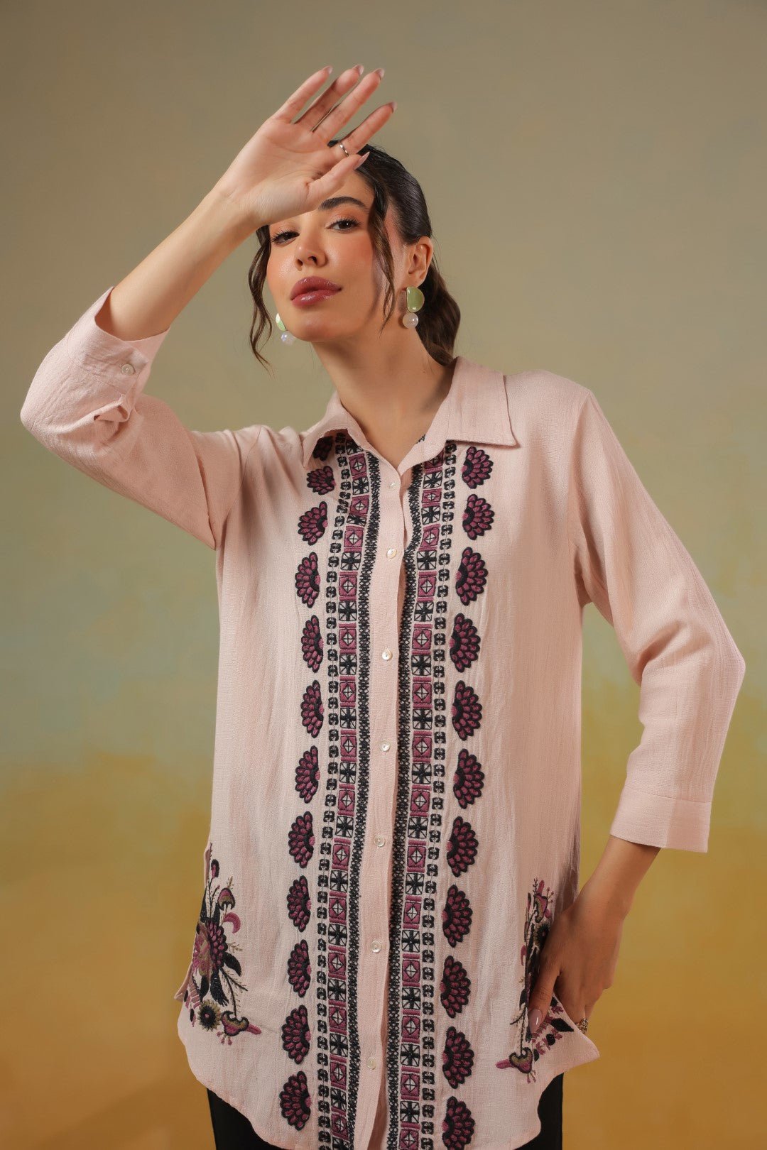 Women’s Cotton Linen Peach Color Embroidered Top - Nyaro