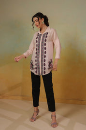 Women’s Cotton Linen Peach Color Embroidered Top - Nyaro
