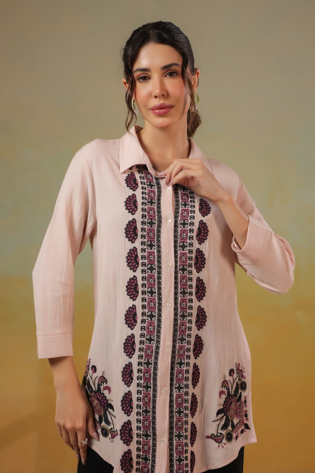 Women’s Cotton Linen Peach Color Embroidered Top - Nyaro