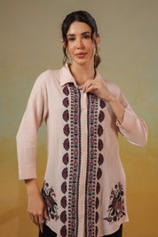 Women’s Cotton Linen Peach Color Embroidered Top - Nyaro