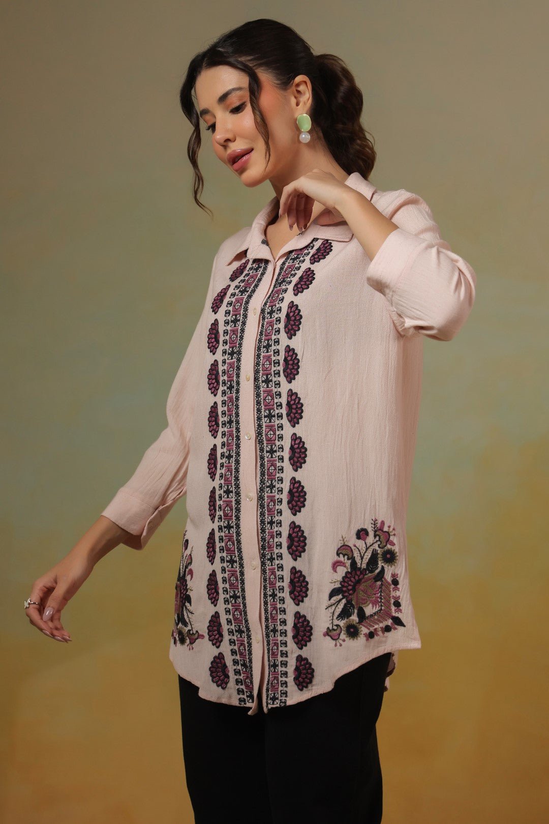 Women’s Cotton Linen Peach Color Embroidered Top - Nyaro