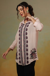 Women’s Cotton Linen Peach Color Embroidered Top - Nyaro