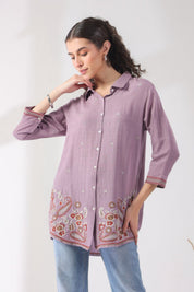 Women’s Cotton Linen Purple Color Embroidered Top - Nyaro