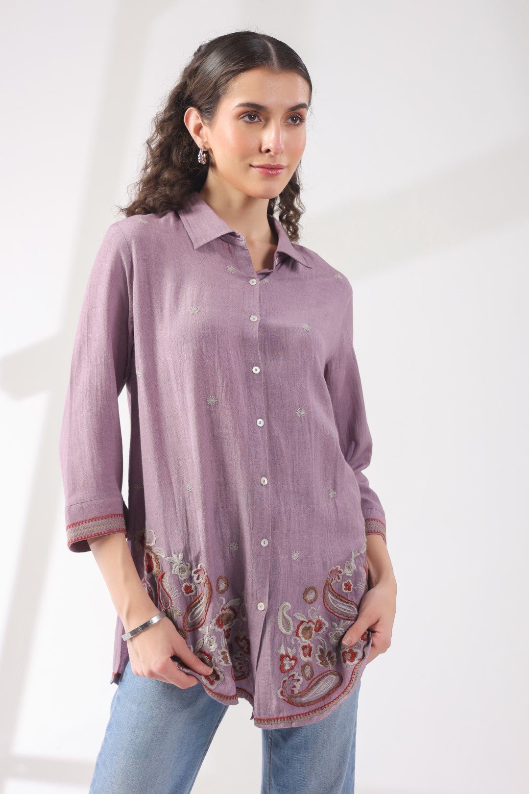 Women’s Cotton Linen Purple Color Embroidered Top - Nyaro