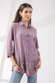 Women’s Cotton Linen Purple Color Embroidered Top - Nyaro