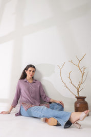 Women’s Cotton Linen Purple Color Embroidered Top - Nyaro