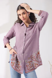 Women’s Cotton Linen Purple Color Embroidered Top - Nyaro