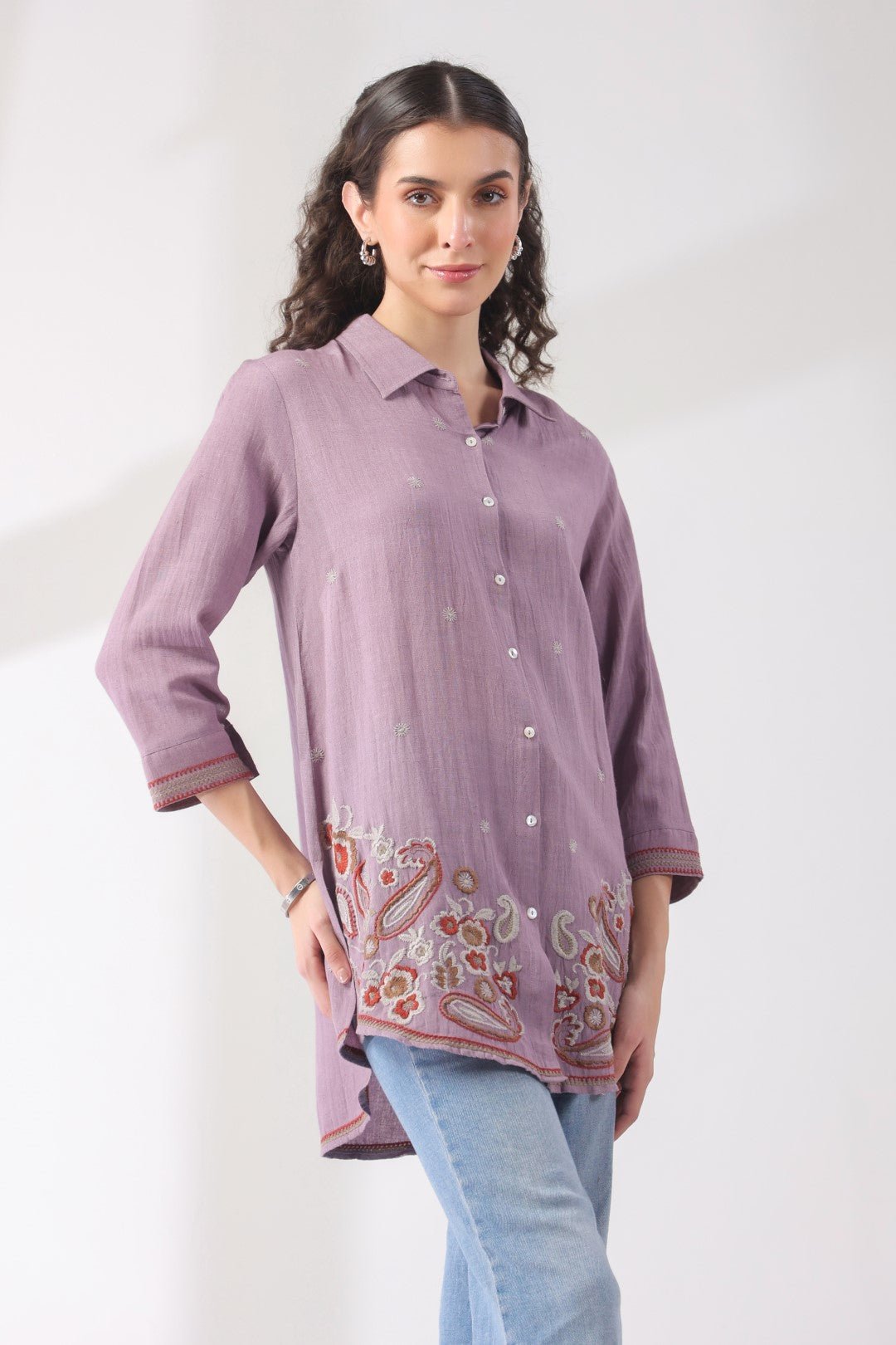 Women’s Cotton Linen Purple Color Embroidered Top - Nyaro