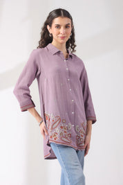 Women’s Cotton Linen Purple Color Embroidered Top - Nyaro