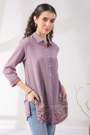 Women’s Cotton Linen Purple Color Embroidered Top - Nyaro