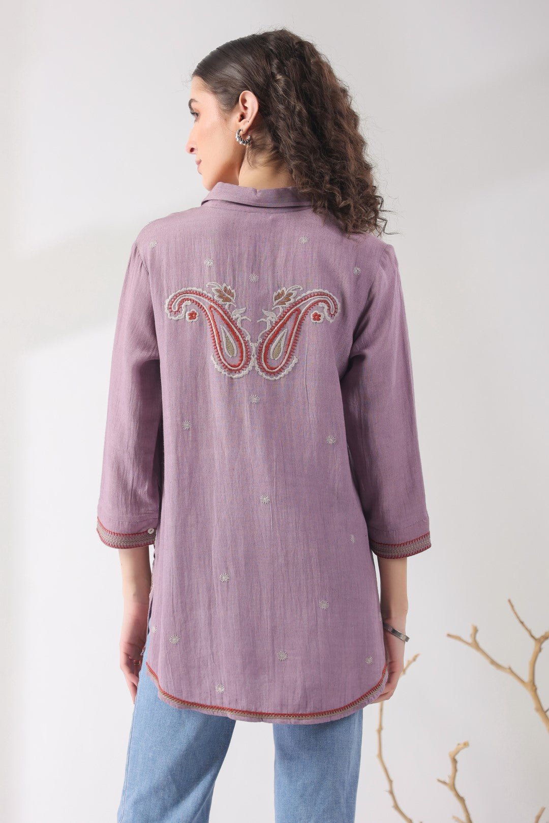 Women’s Cotton Linen Purple Color Embroidered Top - Nyaro