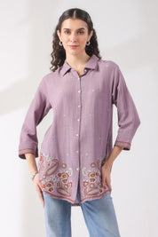Women’s Cotton Linen Purple Color Embroidered Top - Nyaro