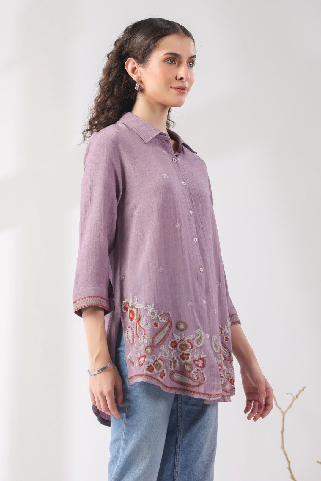 Women’s Cotton Linen Purple Color Embroidered Top - Nyaro