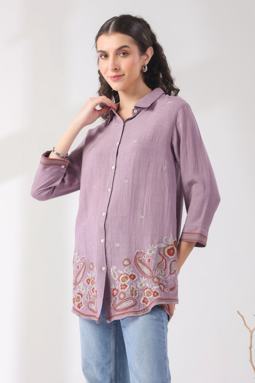 Women’s Cotton Linen Purple Color Embroidered Top - Nyaro