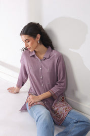 Women’s Cotton Linen Purple Color Embroidered Top - Nyaro