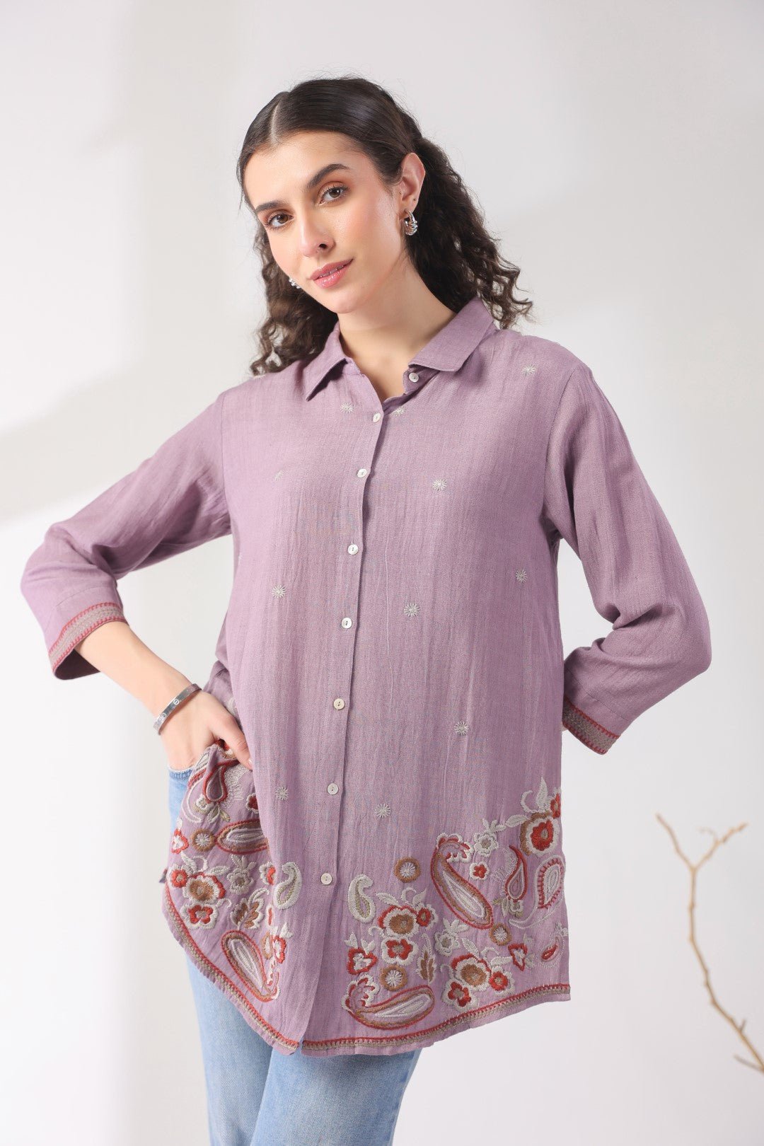 Women’s Cotton Linen Purple Color Embroidered Top - Nyaro