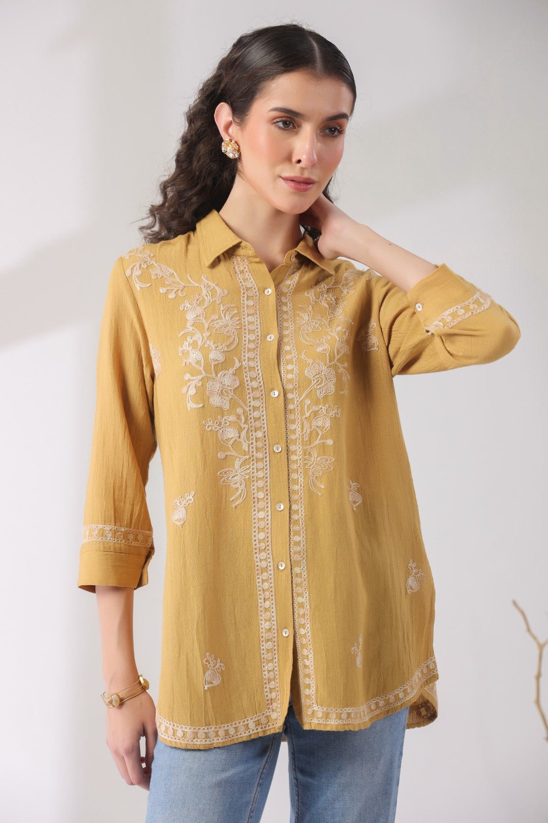 Women’s Cotton Linen Yellow Color Embroidered Top - Nyaro
