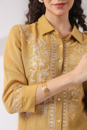 Women’s Cotton Linen Yellow Color Embroidered Top - Nyaro